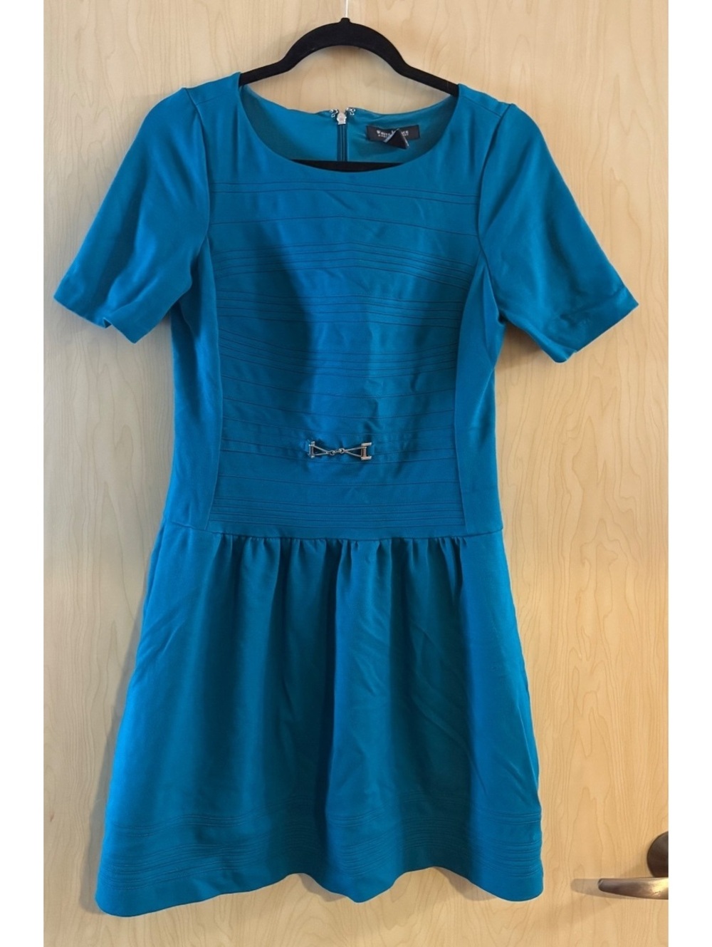 White House Black Market Teal short-sleeve pintuck drop-waist dress mini size 6